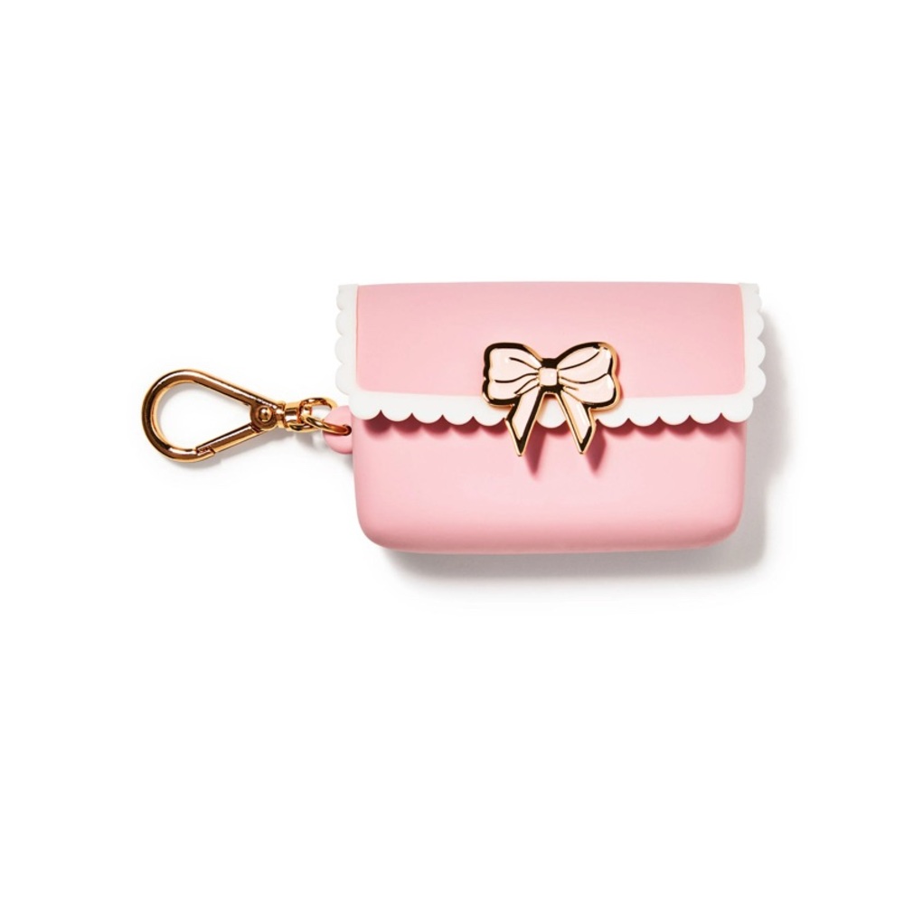 Pink and White scallop bow snap case for hand sanitizer